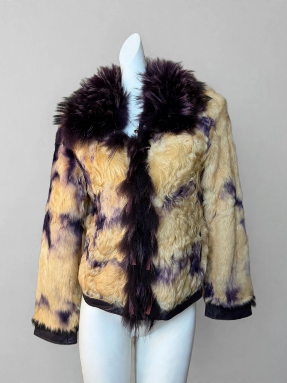 Cream & Purple Tie-Dye Fur Jacket with Fur Collar – S